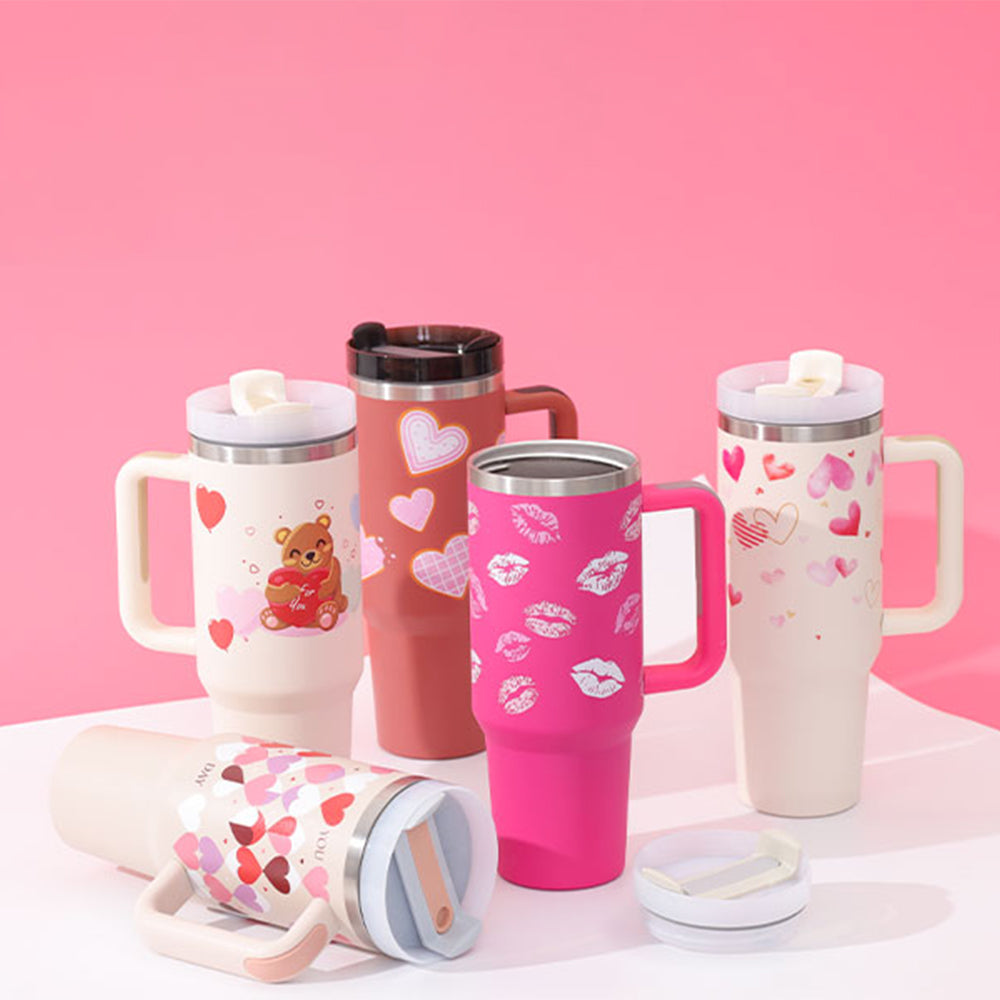 Vaso de 40 Oz con Asa Pajita Aislado, Vaso de Acero Inoxidable a Prueba de Derrames al Vacío para Café con Tapa, Taza Cónica, Regalos para Amantes en San Valentín, Adecuado para Coche, Gimnasio, Oficina, Viajes