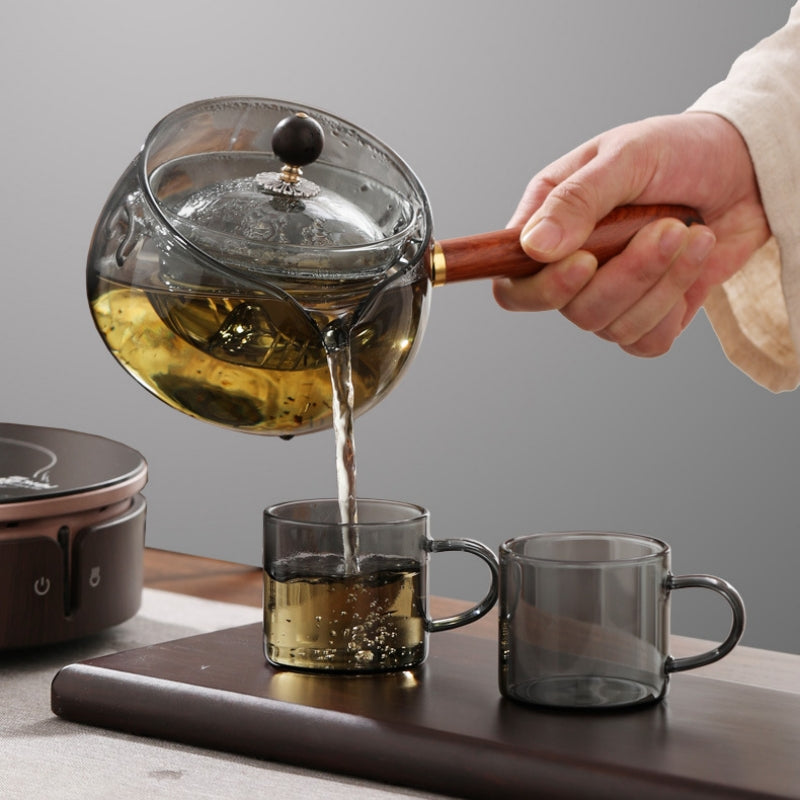 Tetera semiautomática de vidrio resistente al calor con infusor y mango de madera para hacer té, accesorios de oficina y hogar, utensilios de cocina