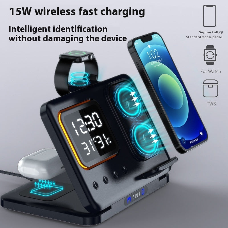 Soporte de cargadores inalámbricos de 15 W 5 en 1, reloj despertador digital LED, estación de carga rápida
