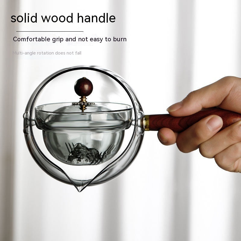 Tetera semiautomática de vidrio resistente al calor con infusor y mango de madera para hacer té, accesorios de oficina y hogar, utensilios de cocina