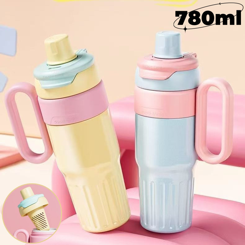 Taza térmica de doble bebida degradada de 780 ml de acero inoxidable con tapa, taza de café, termo, vaso de gran capacidad con pajita para hombre y mujer