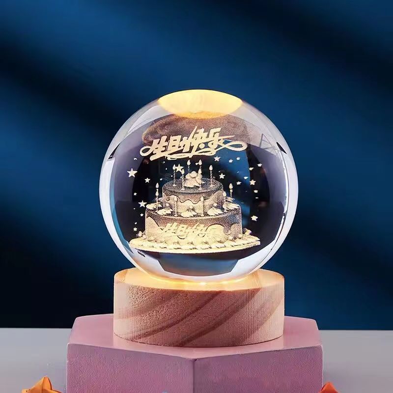 Lámpara de Noche Brillante del Sistema Solar Tallada en 3D Bola de Cristal, Lámpara de Cabecera Cálida, Regalo para Niños y Festivales