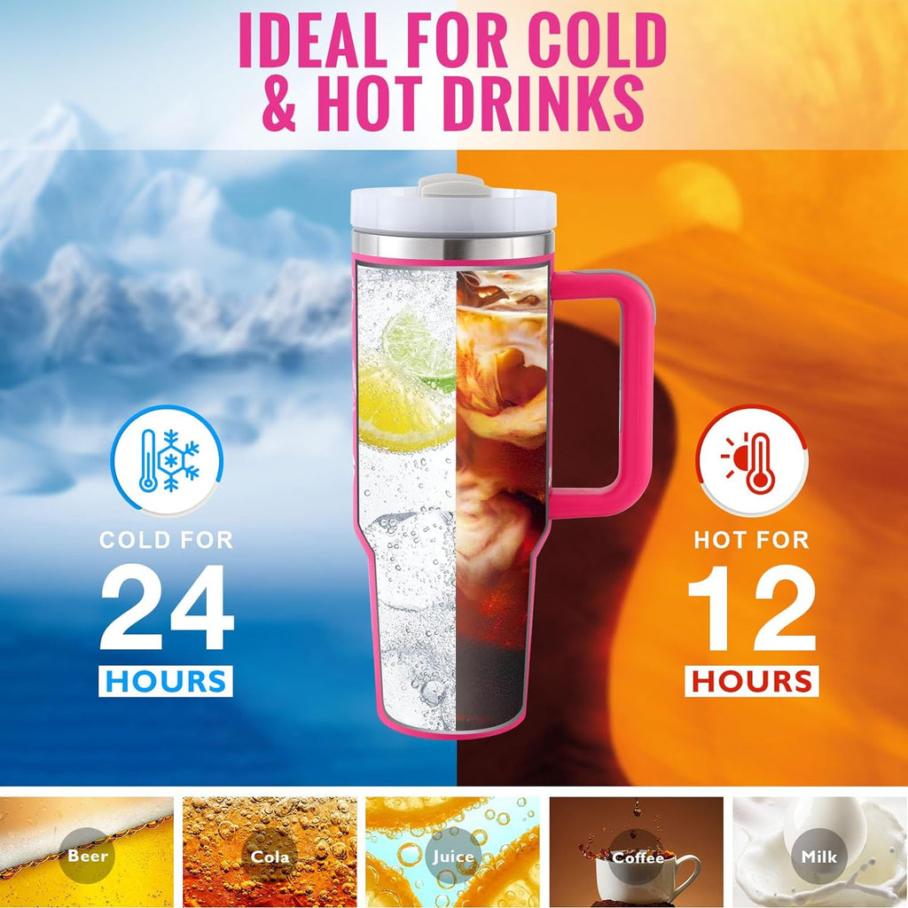 Vaso de 40 Oz con Asa Pajita Aislado, Vaso de Acero Inoxidable a Prueba de Derrames al Vacío para Café con Tapa, Taza Cónica, Regalos para Amantes en San Valentín, Adecuado para Coche, Gimnasio, Oficina, Viajes