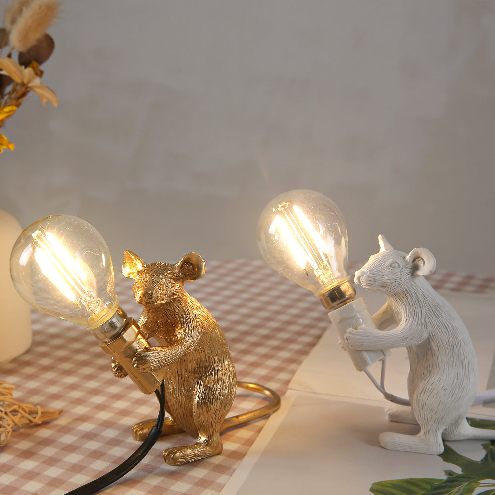Lámpara de mesa creativa nórdica de resina con forma de ratón, luces nocturnas LED de escritorio, lámparas de escritorio pequeñas y mini con forma de rata