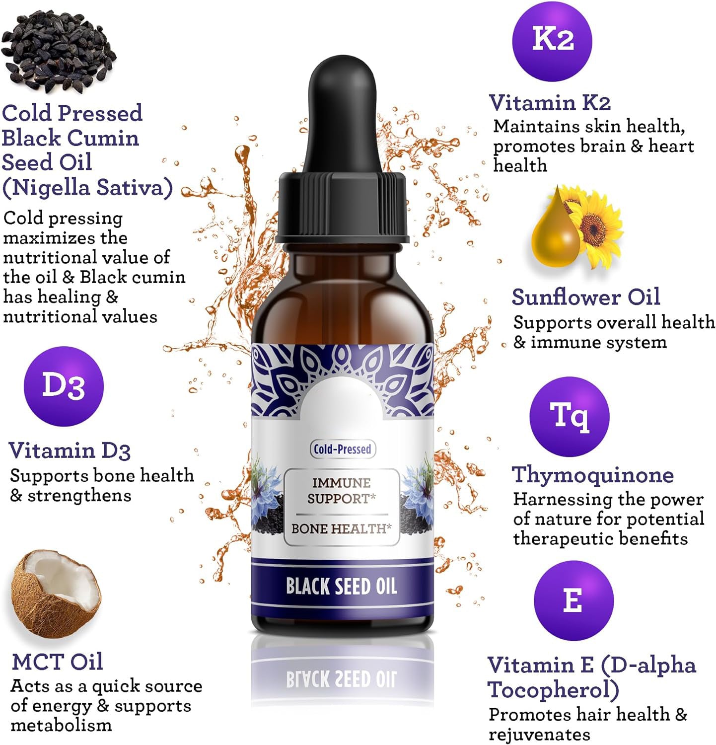 Gotas de aceite de semilla negra contienen vitaminas
