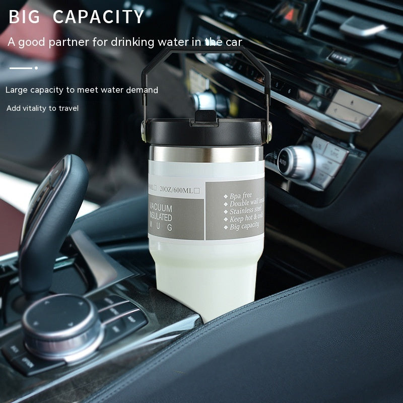 Vaso portátil de acero inoxidable para coche, botella de agua deportiva de viaje con asa, taza de café con tapa