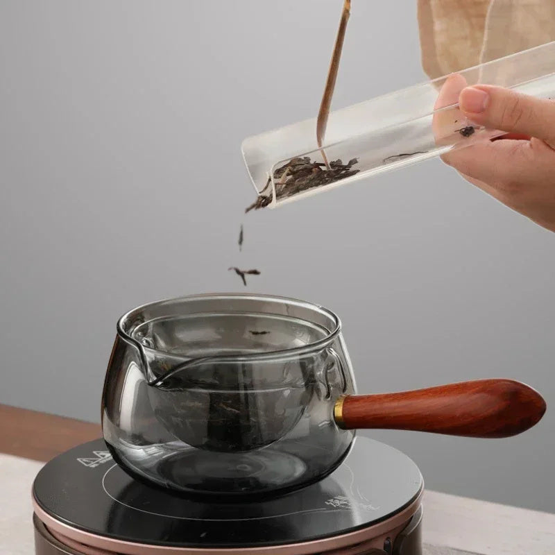 Tetera semiautomática de vidrio resistente al calor con infusor y mango de madera para hacer té, accesorios de oficina y hogar, utensilios de cocina