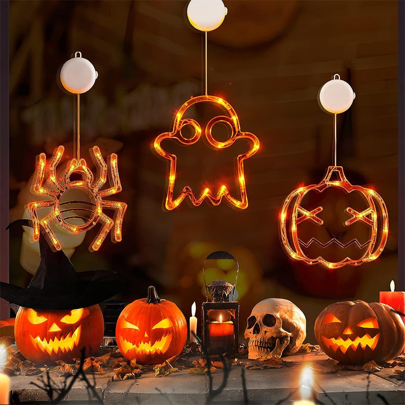 Luces LED colgantes de Halloween para ventana, araña, calabaza, fantasma colgante, luces de atmósfera de terror, luces decorativas para fiestas navideñas, decoración del hogar