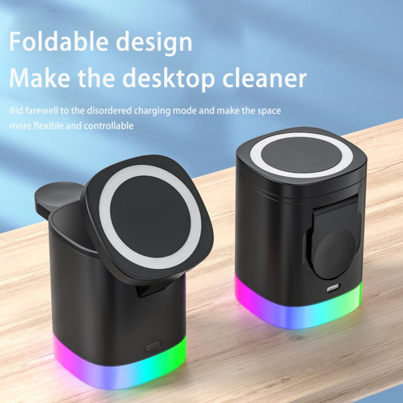 Cargador rápido inalámbrico magnético 3 en 1 para smartphone, estación de carga con luz ambiental RGB para AirPods y iWatch
