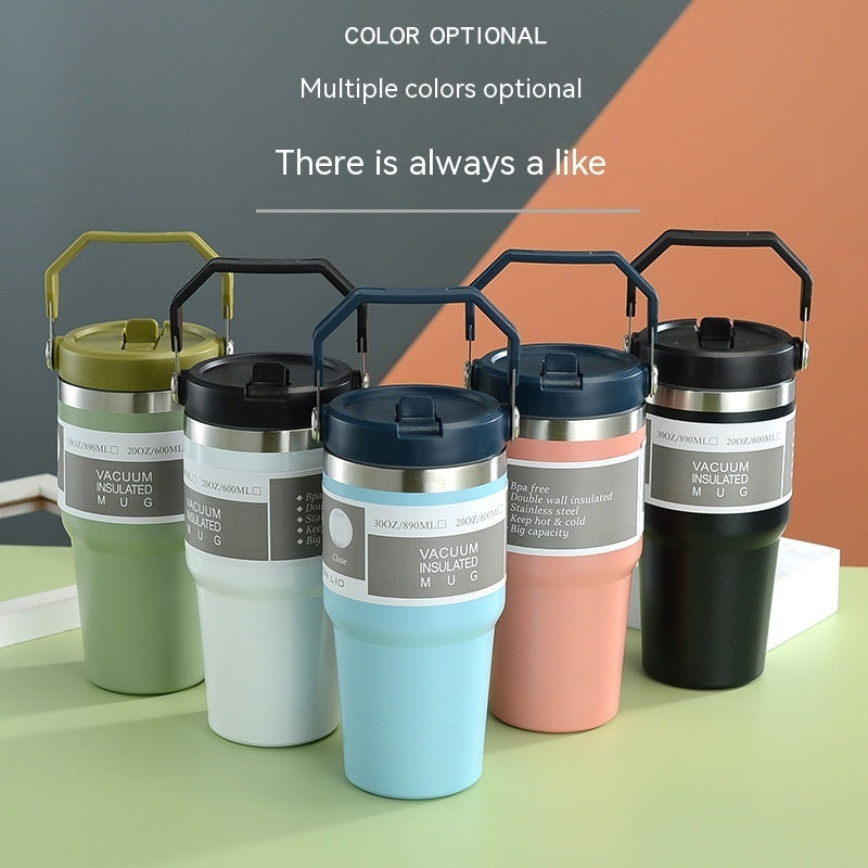 Vaso portátil de acero inoxidable para coche, botella de agua deportiva de viaje con asa, taza de café con tapa