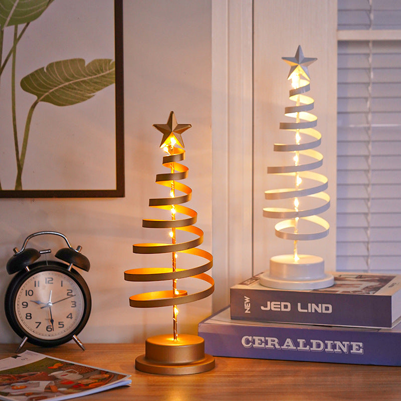 Adorno de mesa en espiral de hierro forjado con luz LED para árbol de Navidad, lámpara de escritorio para dormitorio, luz nocturna para ambiente navideño
