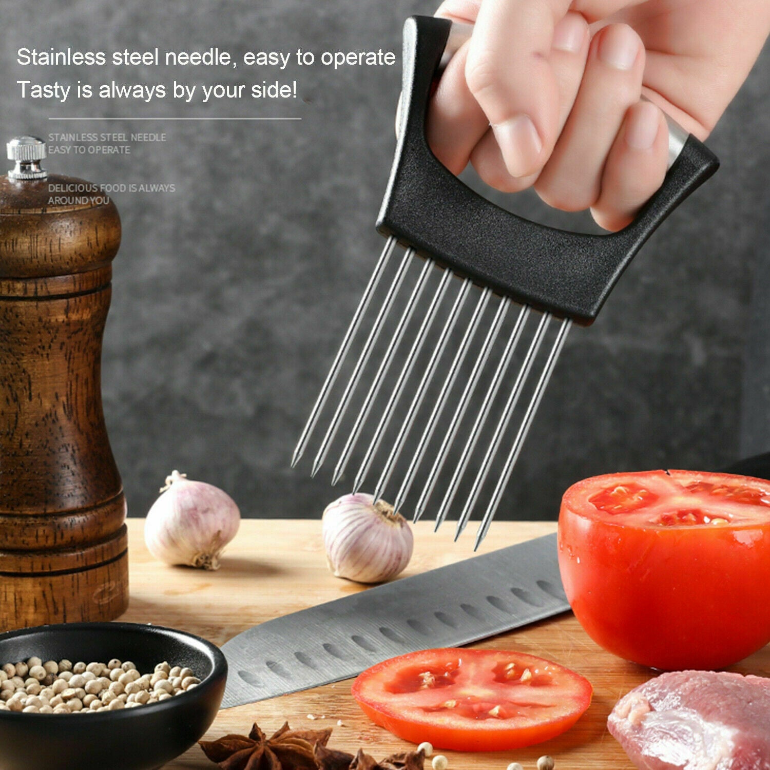 Asistente para rebanar alimentos - Sujetador de cebollas de acero inoxidable, rebanador de tomates antideslizante