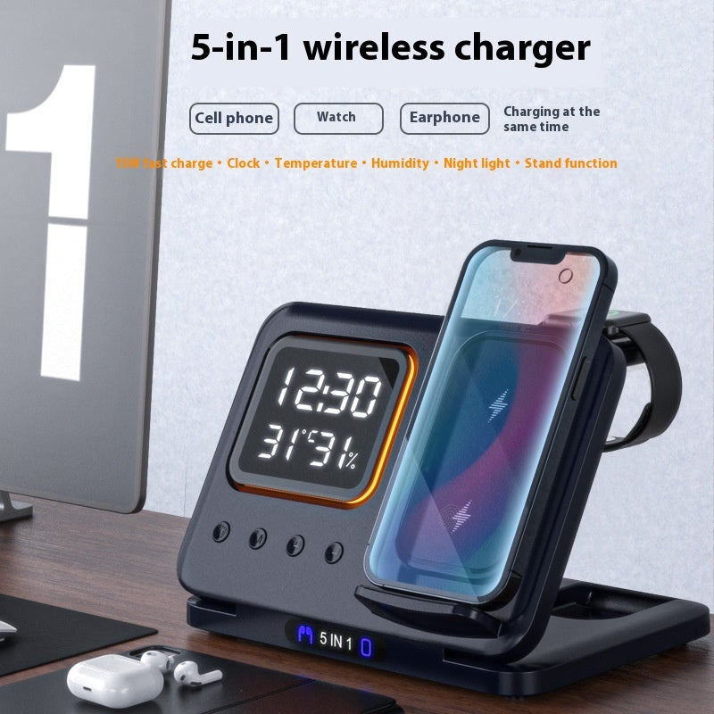 Soporte de cargadores inalámbricos de 15 W 5 en 1, reloj despertador digital LED, estación de carga rápida