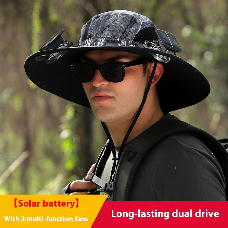Sombrero de sol de ala ancha para exteriores con ventilador solar, sombrero de pesca para exteriores con ventilador solar de ala ancha, carga solar USB, sombrero ajustable alimentado por energía solar