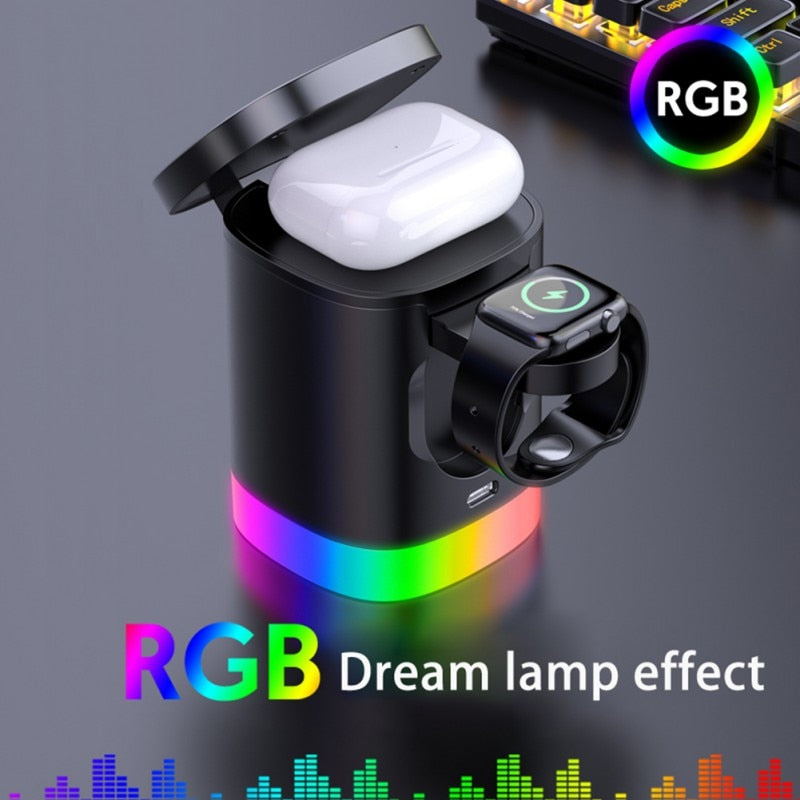 Cargador rápido inalámbrico magnético 3 en 1 para smartphone, estación de carga con luz ambiental RGB para AirPods y iWatch