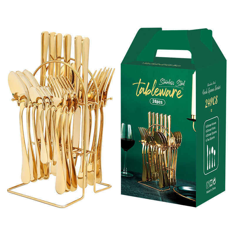 Juego de vajilla de oro, juego de cubiertos de acero inoxidable, cuchillo, tenedor, cuchara, juego de cubiertos de lujo con estante de almacenamiento, apto para lavavajillas.