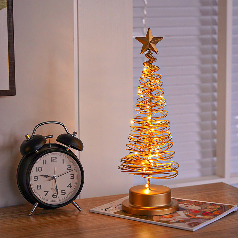 Adorno de mesa en espiral de hierro forjado con luz LED para árbol de Navidad, lámpara de escritorio para dormitorio, luz nocturna para ambiente navideño