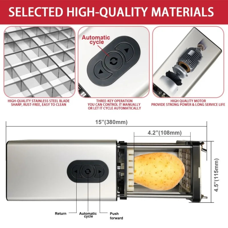 Cortador Eléctrico de Papas Fritas para Cocina con Cuchillas de Acero Inoxidable para Verduras, Papa, Zanahoria para Uso Comercial y Doméstico