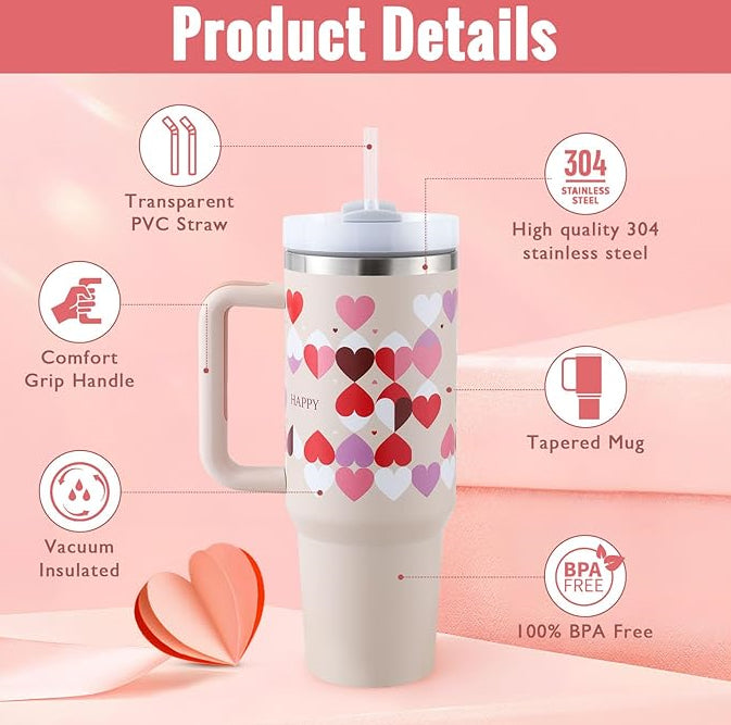 Vaso de 40 Oz con Asa Pajita Aislado, Vaso de Acero Inoxidable a Prueba de Derrames al Vacío para Café con Tapa, Taza Cónica, Regalos para Amantes en San Valentín, Adecuado para Coche, Gimnasio, Oficina, Viajes