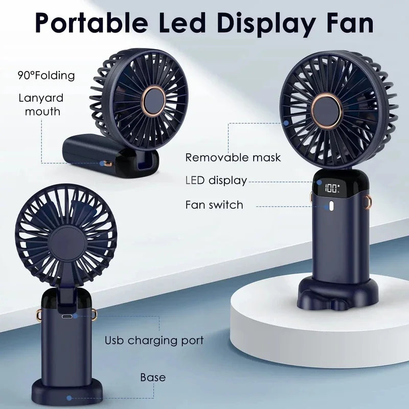 Mini Ventilador Eléctrico Portátil Recargable USB de Mano, Ventilador Plegable para Colgar al Cuello para Exteriores, Ajustable, 5 Velocidades, Potente Enfriador de Aire