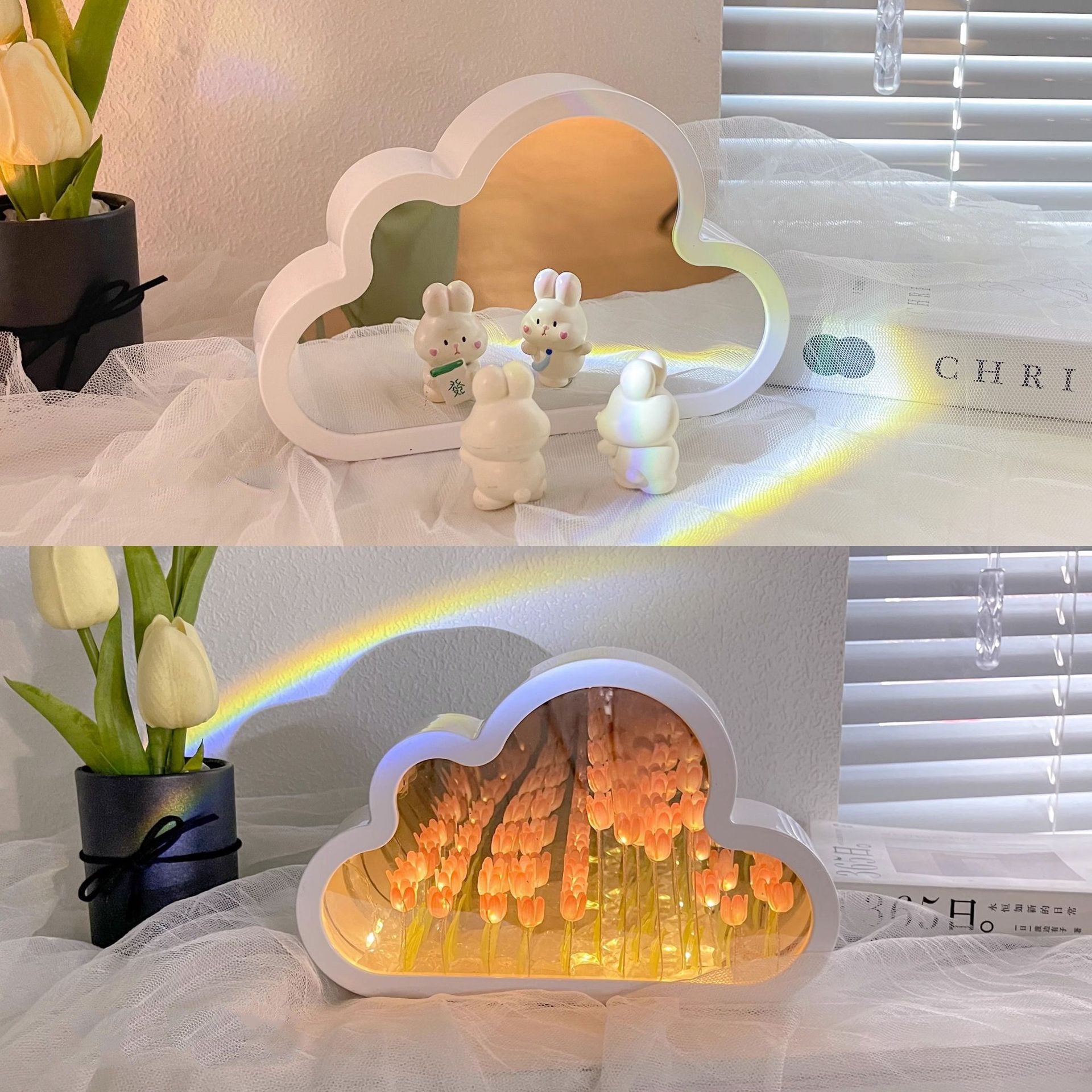 Tulipán Lámpara de Noche Material DIY Nube Tulipanes Lámpara de Noche Espejos Decorativos Marco de Fotos Luces de Mesa LED Coreano Creativo Escritorio Dormitorio Hecho a Mano Regalos de Cumpleaños