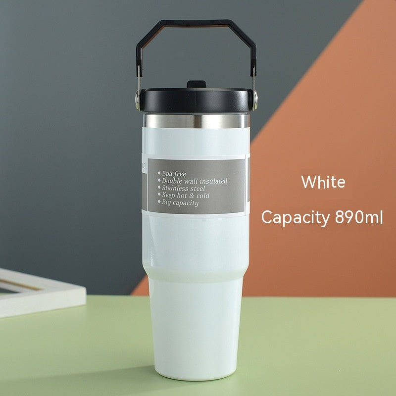 Vaso portátil de acero inoxidable para coche, botella de agua deportiva de viaje con asa, taza de café con tapa