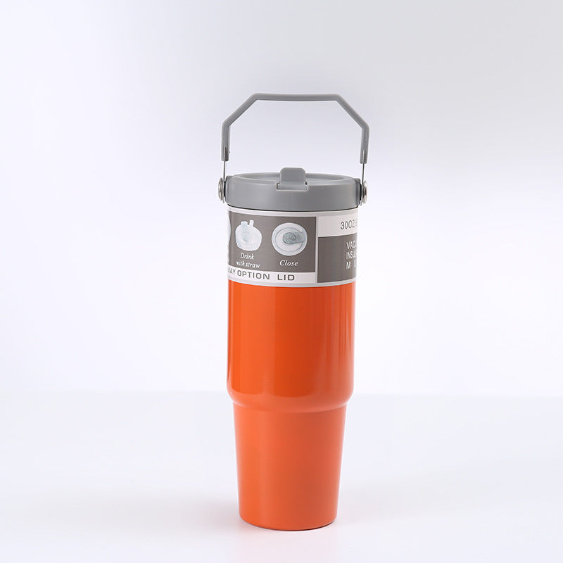Vaso portátil de acero inoxidable para coche, botella de agua deportiva de viaje con asa, taza de café con tapa