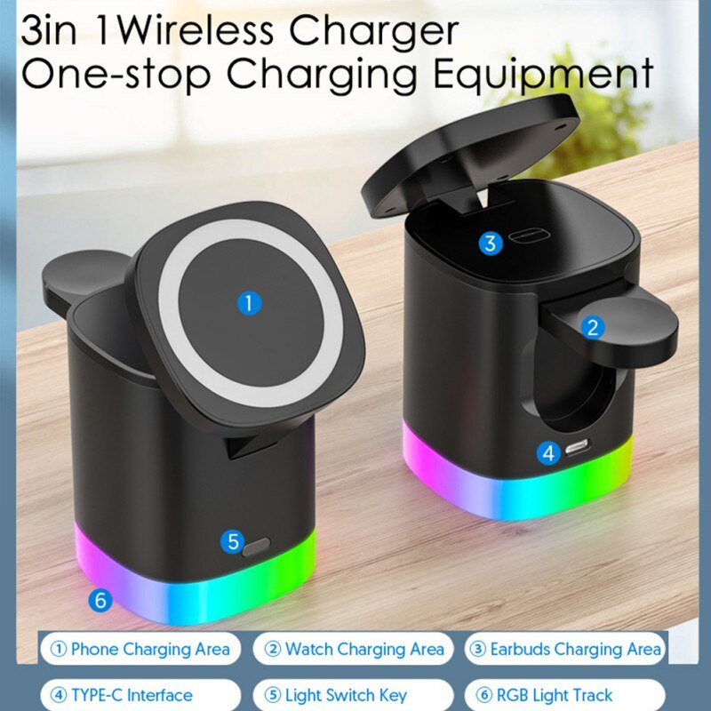 Cargador rápido inalámbrico magnético 3 en 1 para smartphone, estación de carga con luz ambiental RGB para AirPods y iWatch